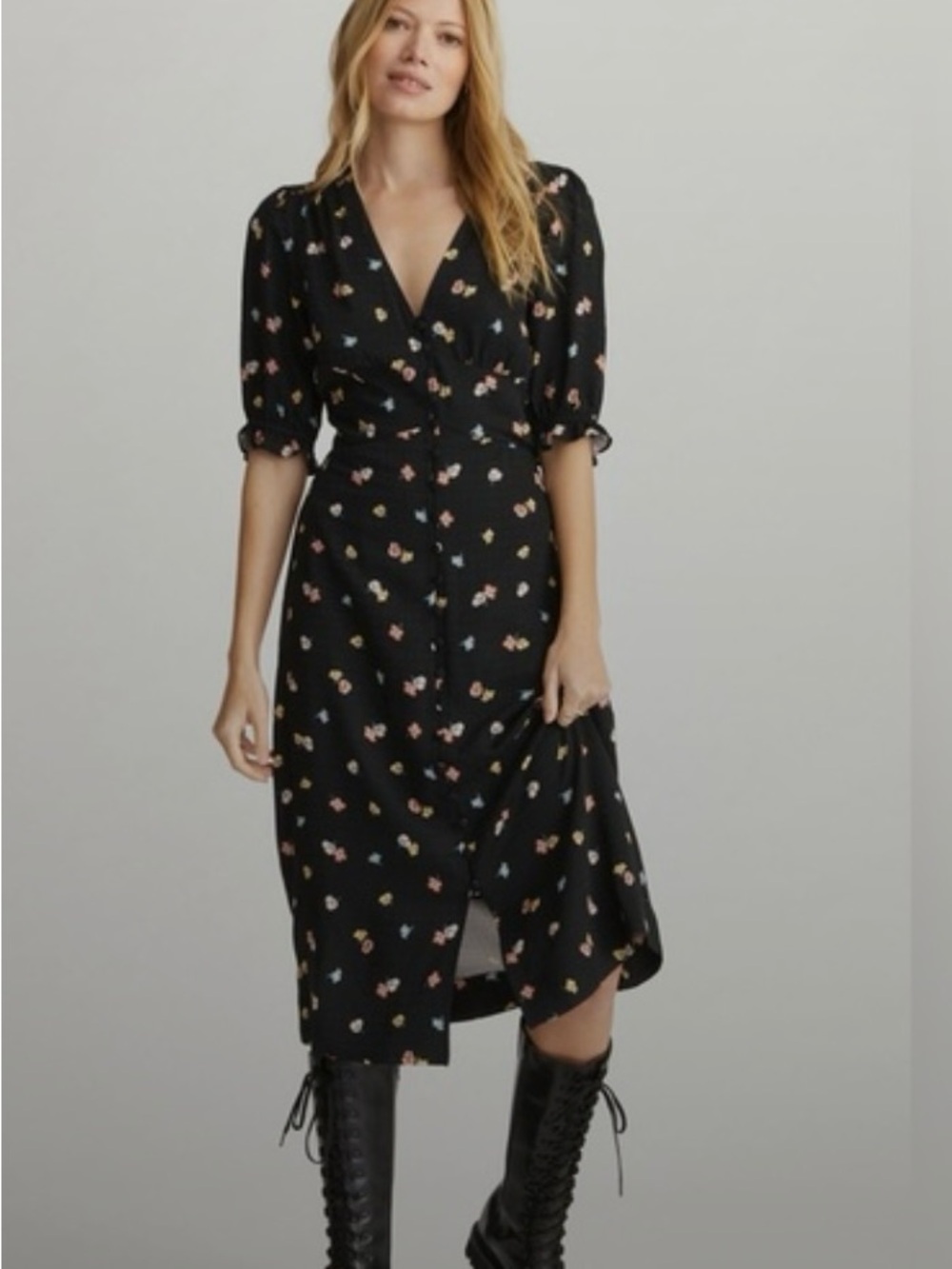 Anthropologie Black Floral Midi Dress US 4 Button Front Puff Sleeve Cottagecore